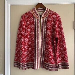 Appleseeds Nordic Fair Isle Zip Up Cardigan Sweater Sz.L Red Beige Wool Blend